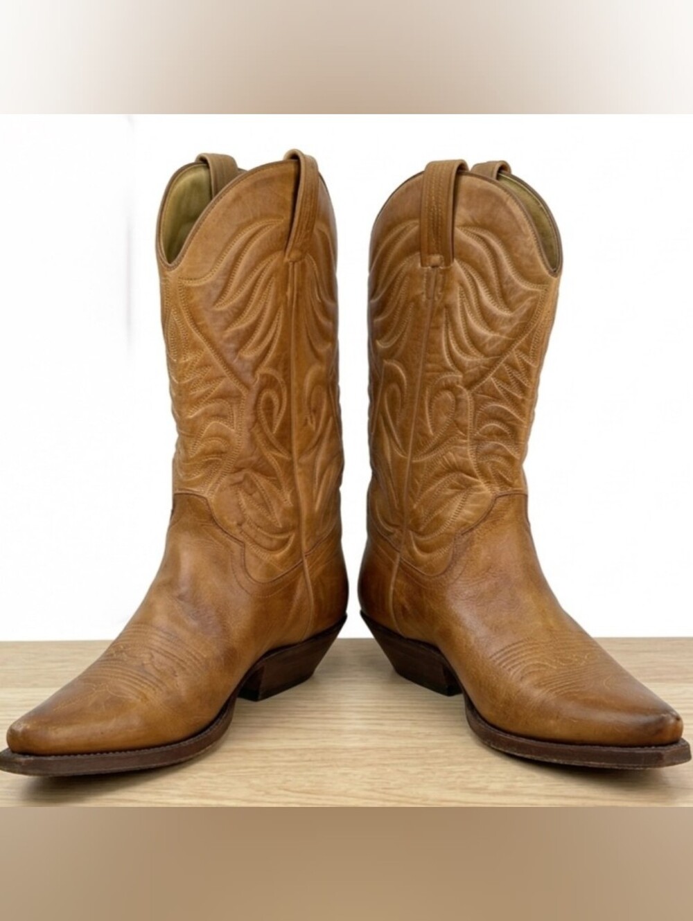 VTG Tony Mora Tan Leather Cowboy Boots - Classic Western Stitching SIZE 9 42 EU